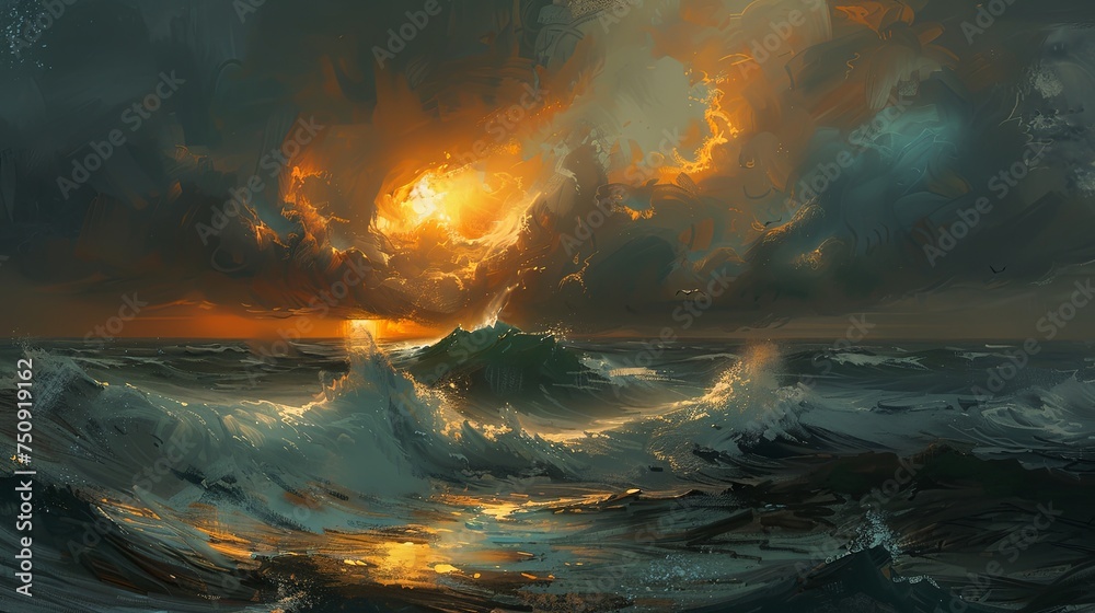 A rough and heavy sea in a thunderstorm. Large crashing ocean wave with white foam at sunset of the day. A force of nature. Digital art. Illustration for for cover, card, postcard, interior design.