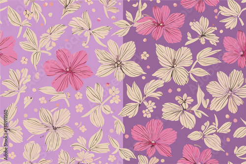 Vector floral seamless pattern with pink and yellow flowers on a lilac background.