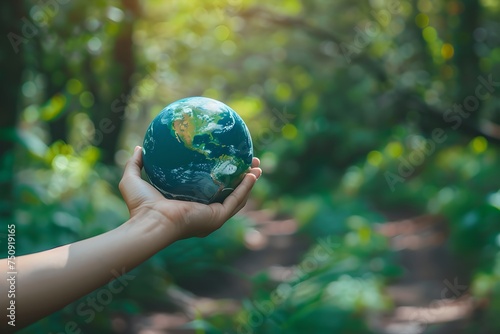 Hand holding Earth globe on forest background. Happy Earth day and Environment Day. Green world, ecology and eco-friendly lifestyle concept. Reduce global warming. Design for banner with copy space