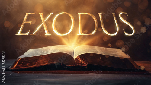Book of Exodus. Open bible revealing the name of the book of the bible in a epic cinematic presentation. Ideal for slideshows, bible study, banners, landing pages, religious cults and more photo