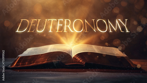Book of Deuteronomy. Open bible revealing the name of the book of the bible in a epic cinematic presentation. Ideal for slideshows, bible study, banners, landing pages, religious cults and more