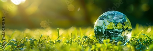 Earth globe in grass during sunset. Happy Earth day and Environment Day. Green world, ecology and eco-friendly lifestyle concept. Reduce global warming. Design for banner, poster with copy space