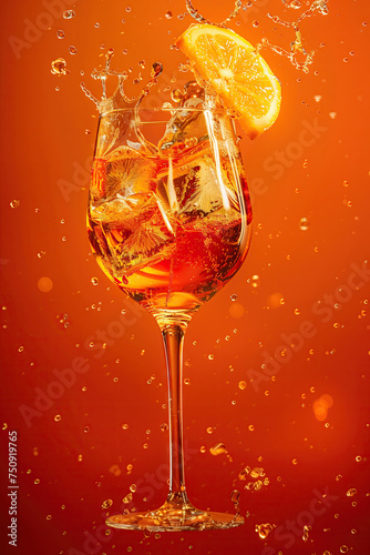 An Aperol Spritz cocktail with splashes, on an orange background