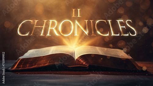Book of 2 Chronicles. Open bible revealing the name of the book of the bible in a epic cinematic presentation. Ideal for slideshows, bible study, banners, landing pages, religious cults and more photo