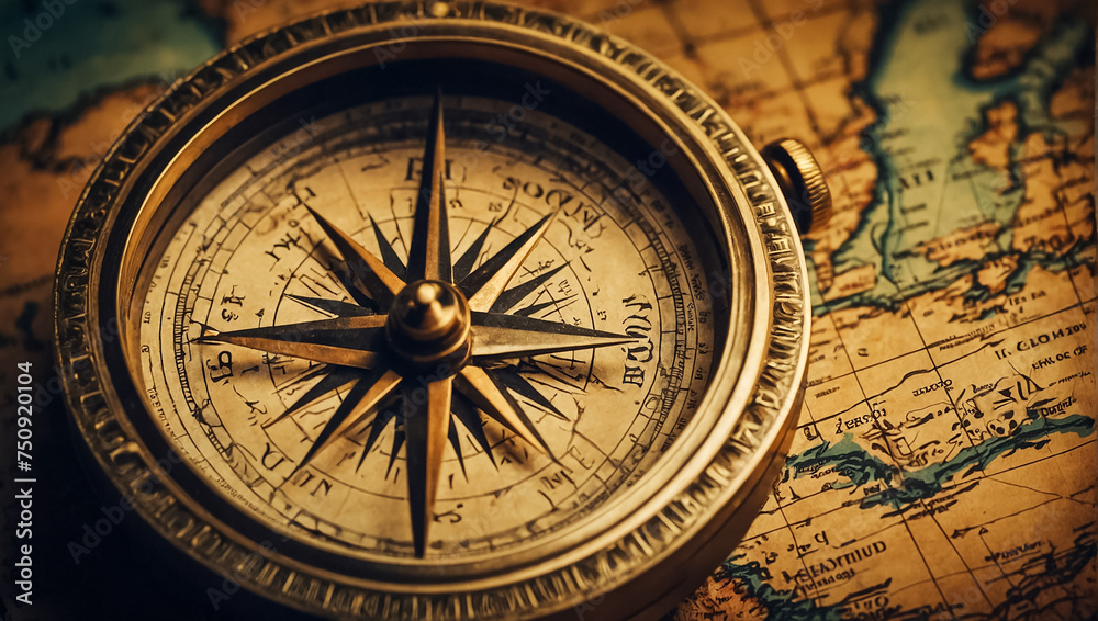Antique vintage compass, world map geography