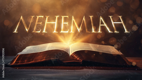 Book of Nehemiah. Open bible revealing the name of the book of the bible in a epic cinematic presentation. Ideal for slideshows, bible study, banners, landing pages, religious cults and more