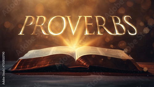 Book of Proverbs. Open bible revealing the name of the book of the bible in a epic cinematic presentation. Ideal for slideshows, bible study, banners, landing pages, religious cults and more