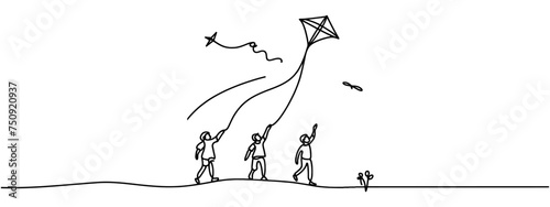 Single continuous line drawing little boy and girl flying kite. Siblings playing together. Kids playing kite in playground. Children with kites game and they look happy. One line draw graphic design