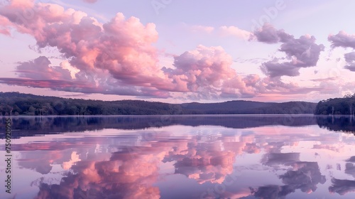 Soft clouds in shades of pink and lavender are mirrored in the still waters of the lake creating a picturesque sunset scene.