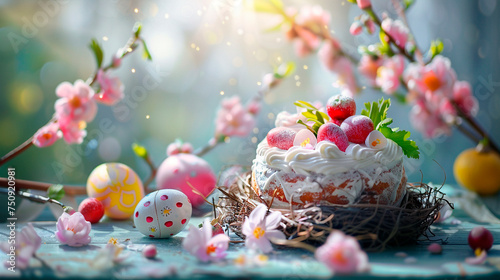 Easter cake and eggs on the table. Selective focus.