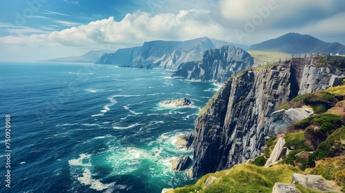 Kerry Cliffs, widely accepted as the most spectacular cliffs in County Kerry, Ireland. Tourist attractions on famous Ring of Kerry route. photo