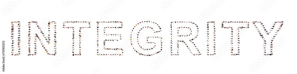 Concept or conceptual large community of people forming the the word INTEGRITY . 3d illustration metaphor for honesty, core values, code, responsibility, education and culture, business and success Concept or conceptual large community of people forming the the word INTEGRITY . 3d illustration metaphor for honesty, core values, code, responsibility, education and culture, business and success