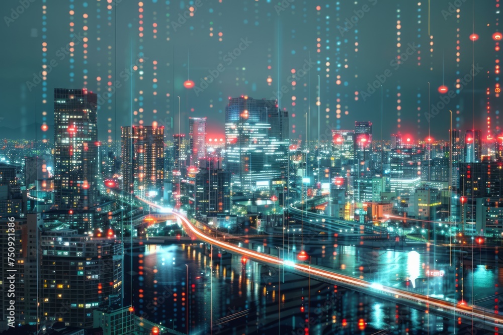 Futuristic cityscape with digital network overlay