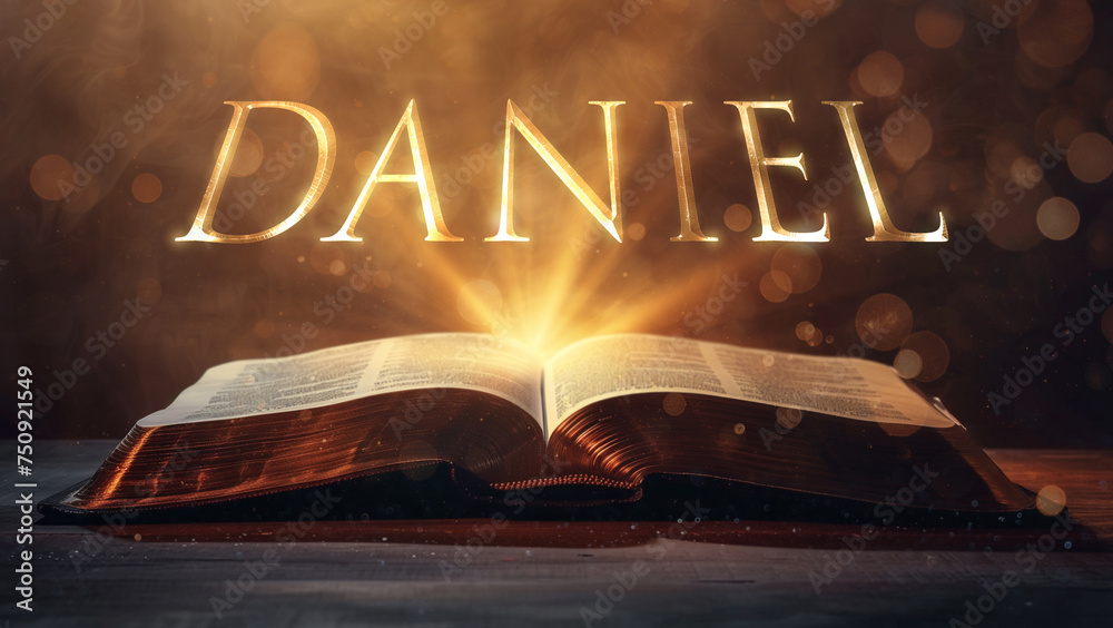 Naklejka premium Book of Daniel. Open bible revealing the name of the book of the bible in a epic cinematic presentation. Ideal for slideshows, bible study, banners, landing pages, religious cults and more