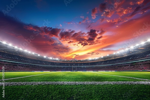 Stadium with bright lights and a dramatic sky during a sports event