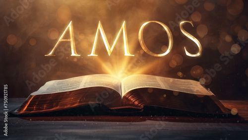 Book of Amos. Open bible revealing the name of the book of the bible in a epic cinematic presentation. Ideal for slideshows, bible study, banners, landing pages, religious cults and more