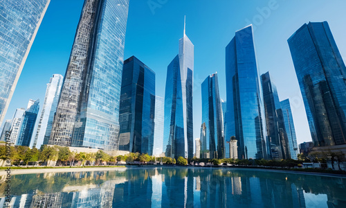 Ai Generate   modern skyscrapers in a futuristic financial district with reflections  set against a blue background for a corporate and business template  with warm sun rays of light.