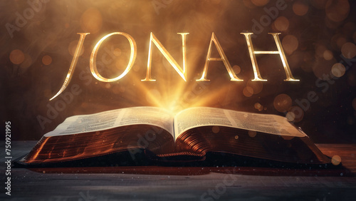Book of Jonah. Open bible revealing the name of the book of the bible in a epic cinematic presentation. Ideal for slideshows, bible study, banners, landing pages, religious cults and more