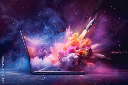 Laptop with a rocket launching from the screen, explosion of colors photo