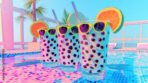 three glasses filled with drinks sitting on top of a blue and pink tiled swimming pool next to a palm tree. photo