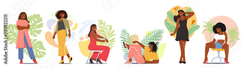 Diverse Black Girls And Women In Different Poses And Outfits,. Young, Teen, And Adult African American Female Characters