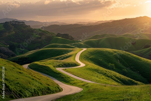 Winding road through green hills at sunset