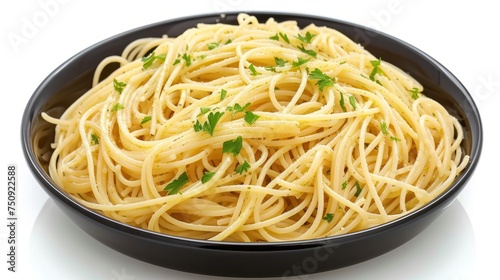 a close up of a bowl of pasta with parsley on the top of the noodles and parsley on the bottom of the noodles.