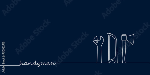 Professional handyman services. Vector banner template with silhouettes of axe, adjustable wrench, jigsaw  and text space.  Repair tools on dark blue background for your web site design, app, UI. EPS1