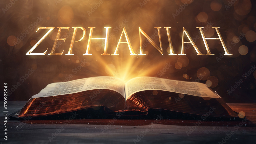Book of Zephaniah. Open bible revealing the name of the book of the bible in a epic cinematic presentation. Ideal for slideshows, bible study, banners, landing pages, religious cults and more - obrazy, fototapety, plakaty 