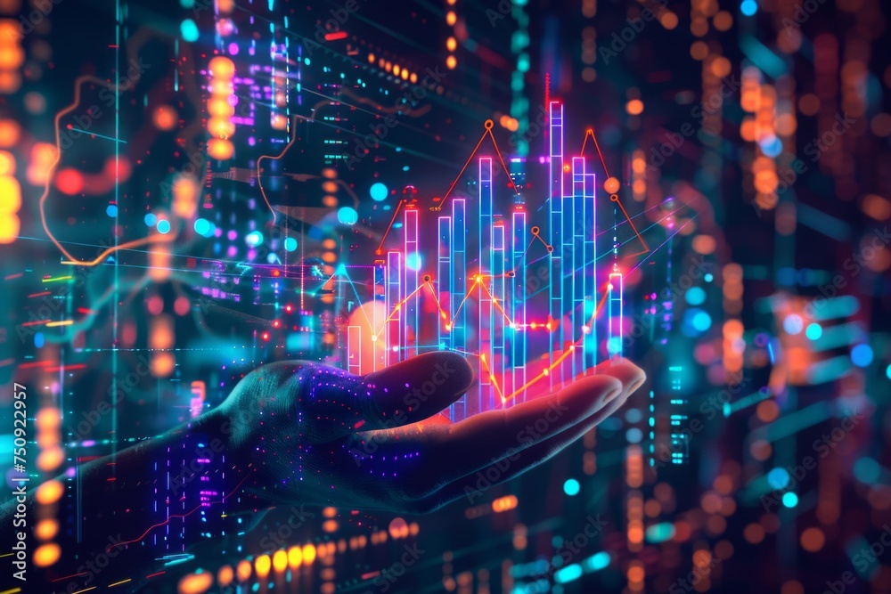 Hand with a rising bar graph and data connection lines in a neon cyber environment.