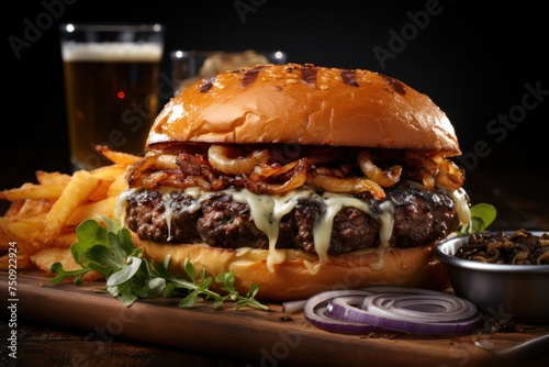 A cheeseburger with onion rings and a glass of beer on a table
