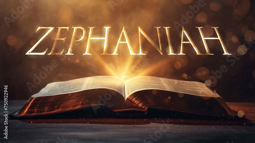 Book of Zephaniah. Open bible revealing the name of the book of the bible in a epic cinematic presentation. Ideal for slideshows, bible study, banners, landing pages, religious cults and more photo