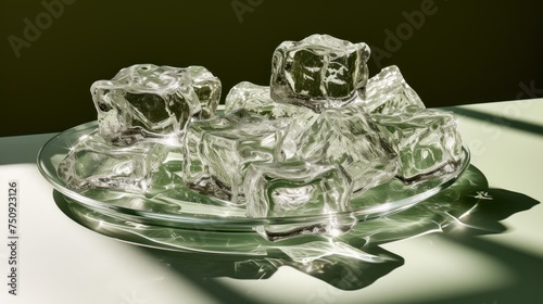 a glass bowl filled with ice cubes sitting on top of a table next to a shadow of a wall. photo