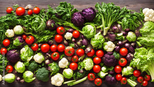 Variety of different vegetables such as tomatoes, lettuce, cabbage, chard, onions, cauliflower, garlic, broccoli, on a large dark wooden table.