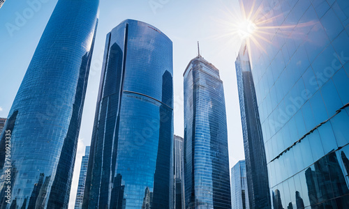 Ai Generate   modern skyscrapers in a futuristic financial district with reflections  set against a blue background for a corporate and business template  with warm sun rays of light.