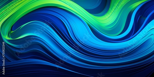 Bold strokes of electric blue and lime green forming a vibrant 3D wave pattern.