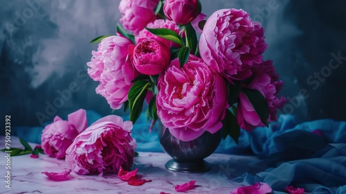 a bouquet of pink peonies in a vase on a blue and white clothed tableclothed surface. photo