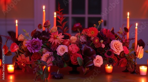 a table topped with a vase filled with lots of pink and red flowers and lit candles next to a window. photo