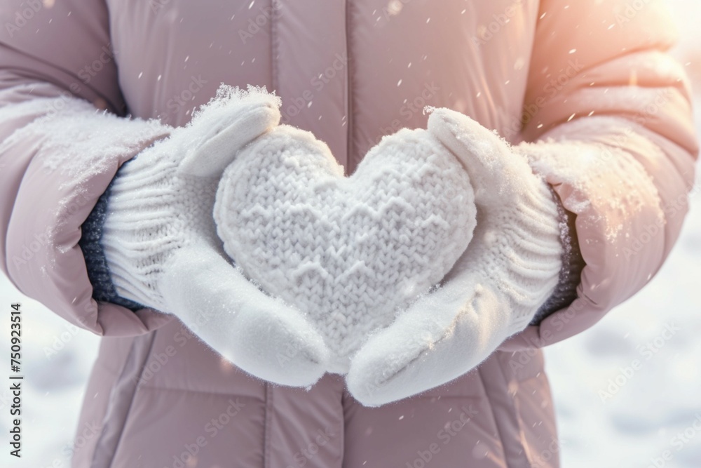 Winter Womens hands in mittens Love shape a snowy white heart