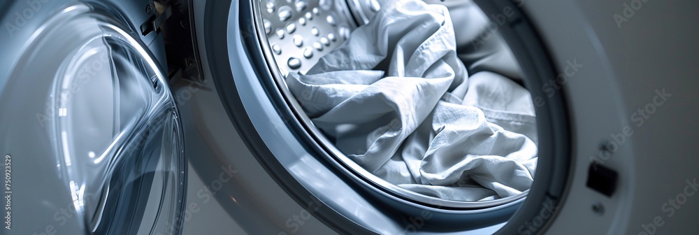 An intimate close-up of a washing machine's front, revealing the texture and colors of the laundry within An intimate close-up of a washing machine's front, revealing the texture and colors of the laundry within