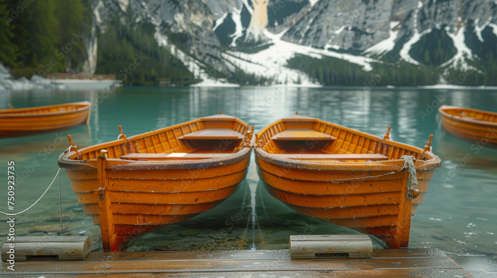Boats on the Braies Lake ( Pragser Wildsee ) in Dolomites mountains, Sudtirol, Italy.