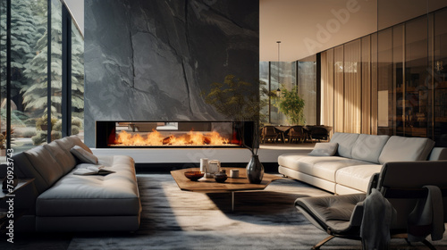 A modern living room with augmented reality furniture and a holographic fireplace