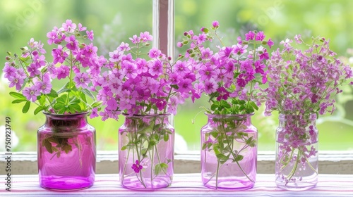 a group of vases filled with purple flowers sitting on a window sill next to a window sill. photo