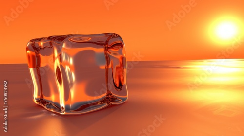 a large ice cube sitting on top of a table next to a bright orange and yellow background with the sun in the background. photo