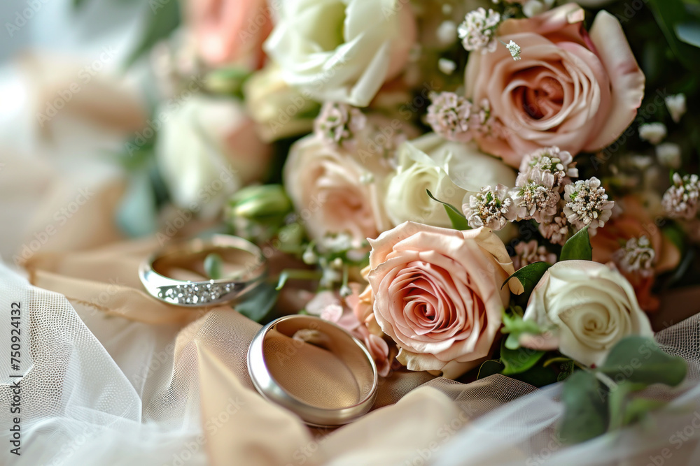 wedding rings on a bouquet of roses wedding rings on a bouquet of roses