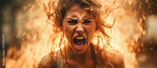 A young woman is seen screaming in front of a blazing fire, her expression displaying intense anger and emotion. The flames of the fire illuminate her features as she lets out a gut-wrenching cry. photo