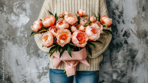 a person holding a bouquet of flowers with a pink ribbon around their waist and a pink bow around their waist. photo