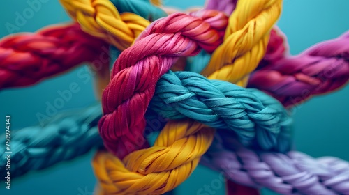 Team rope diverse strength connect partnership together teamwork unity communicate support. Strong diverse network rope team concept integrate braid color background cooperation empower power.Team rop