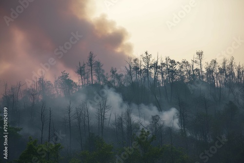 Environmental disaster Forest fire leaves burned trees in its wake