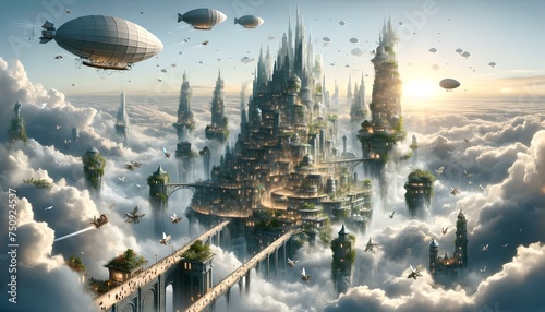 An enchanting floating city amidst clouds with airships and futuristic architecture photo